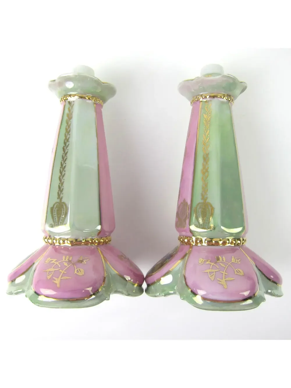 Antique Porcelain Lusterware Lamp Base Pink Green Gold Angelica Kauffman Germany
